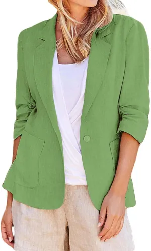 Cotton Linen Blazer Women 3/4 Stretchy Ruched Sleeve Fully Lined Boyfriend Lightweight Breathable Casual Work Jacket