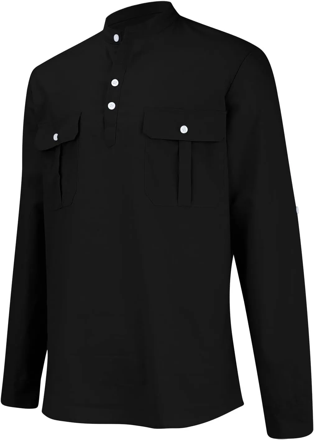 Cotton Linen Cargo Shirts Mens Long Sleeve Buttons V-Neck Henley Overshirt Lightweight Hiking Camping Fishing Shirts