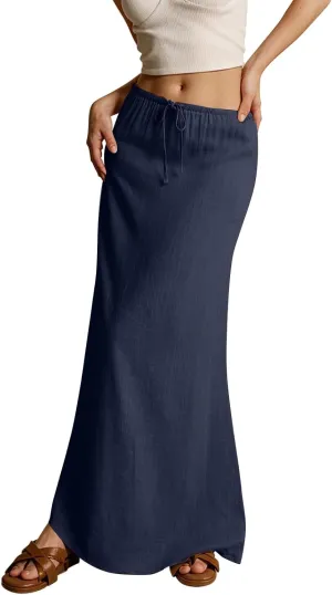 Cotton Linen Maxi Skirts for Women Summer Casual Drawstring Waist A Line Skirts Boho Long Flowy Skirt