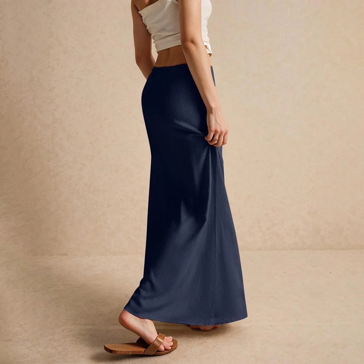 Cotton Linen Maxi Skirts for Women Summer Casual Drawstring Waist A Line Skirts Boho Long Flowy Skirt