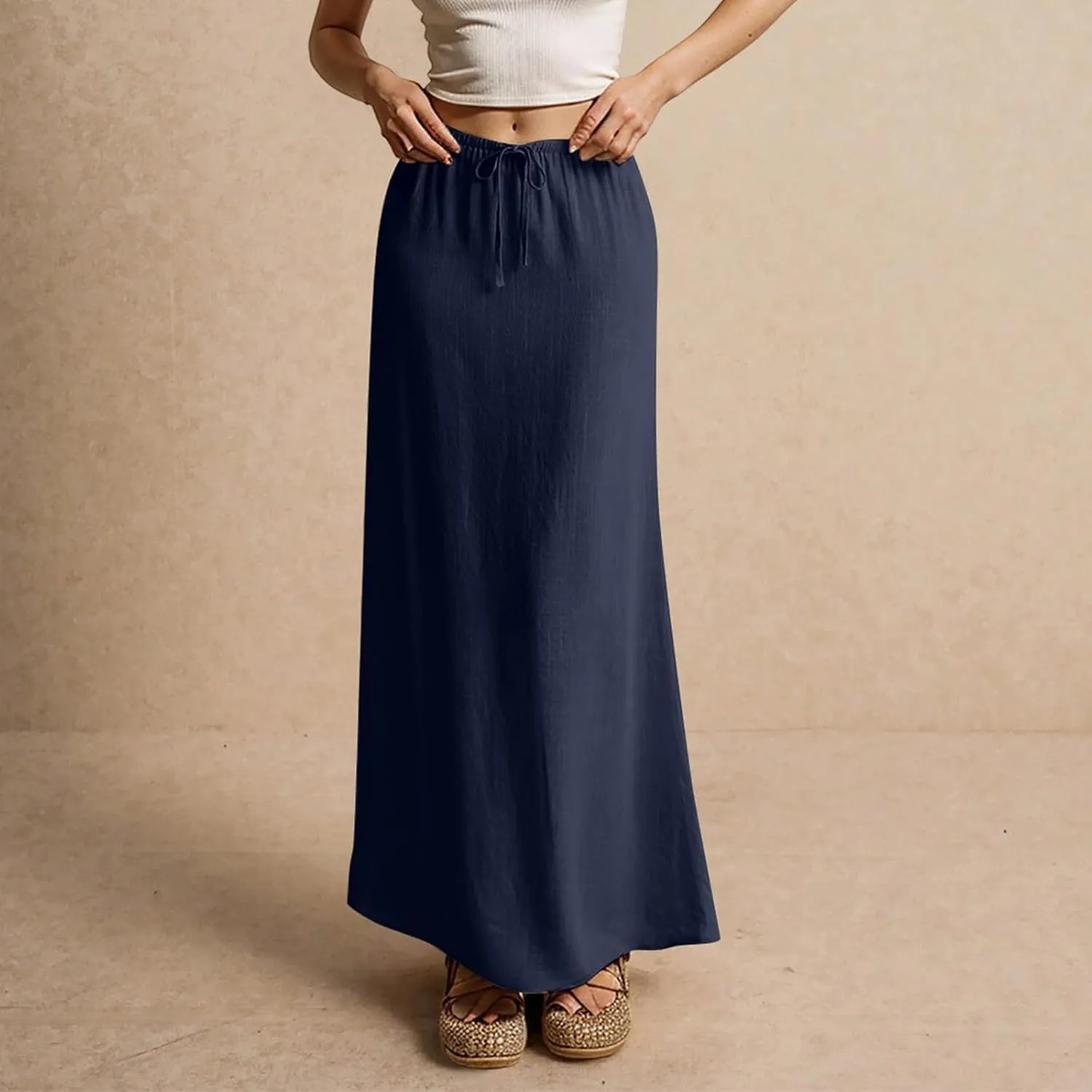 Cotton Linen Maxi Skirts for Women Summer Casual Drawstring Waist A Line Skirts Boho Long Flowy Skirt