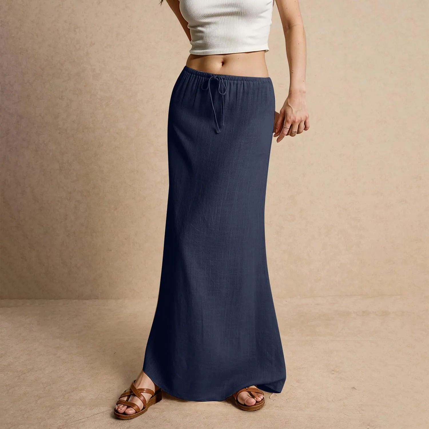 Cotton Linen Maxi Skirts for Women Summer Casual Drawstring Waist A Line Skirts Boho Long Flowy Skirt