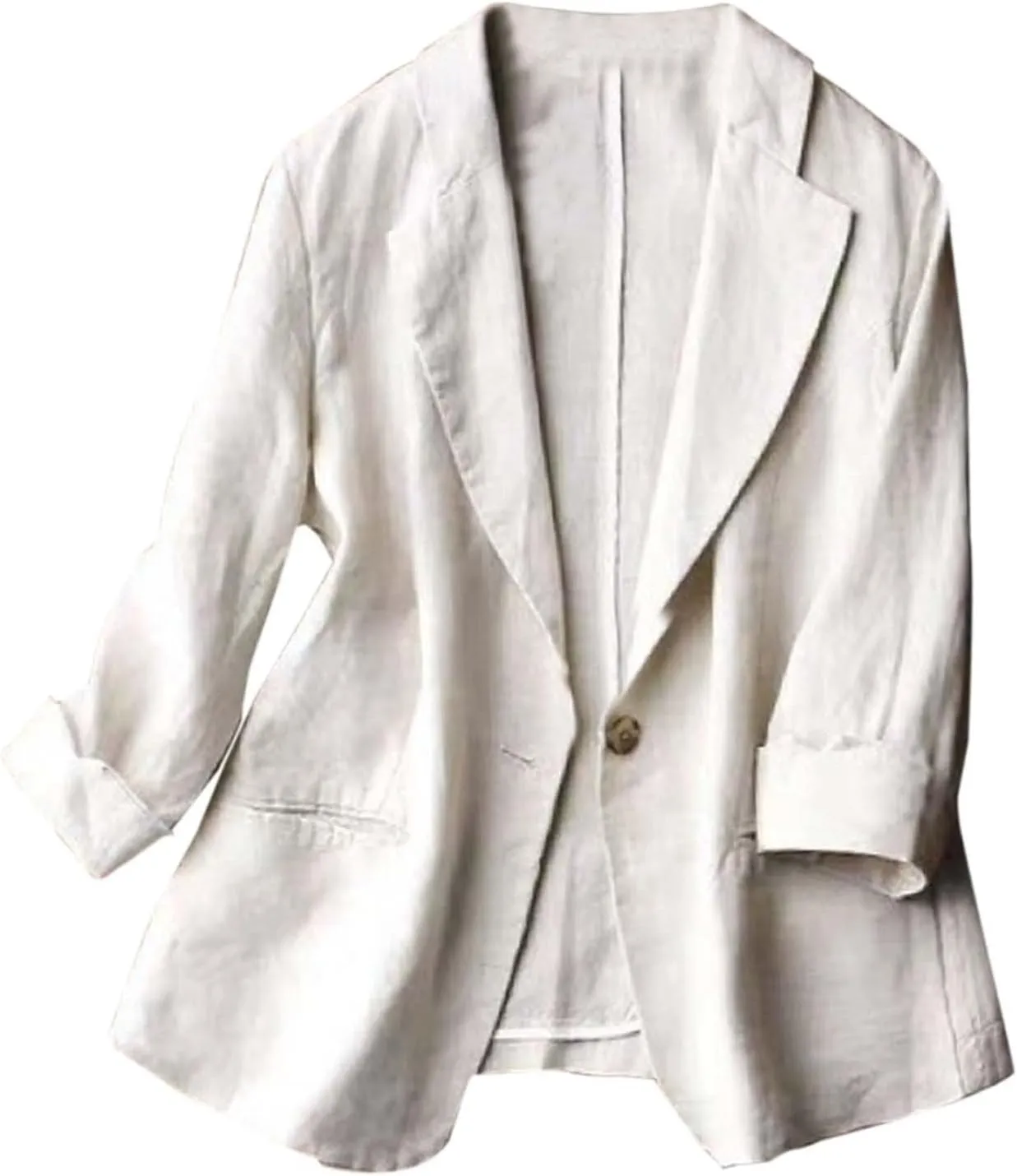 Cotton Linen Thin Beige Blazers for Women Lightweight 3/4 Sleeve Jacket Dressy Spring Summer Cardigan Work Suit