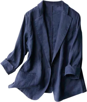 Cotton Linen Thin Beige Blazers for Women Lightweight 3/4 Sleeve Jacket Dressy Spring Summer Cardigan Work Suit