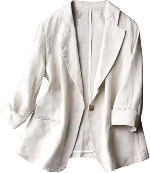 Cotton Linen Thin Beige Blazers for Women Lightweight 3/4 Sleeve Jacket Dressy Spring Summer Cardigan Work Suit