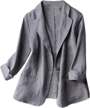 Cotton Linen Thin Beige Blazers for Women Lightweight 3/4 Sleeve Jacket Dressy Spring Summer Cardigan Work Suit