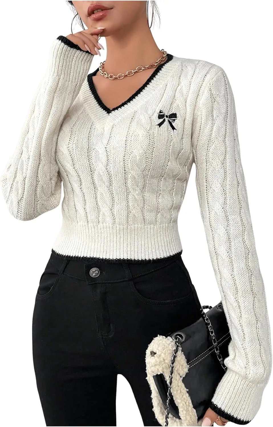 COZYEASE Women's Bowknot V Neck Crop Sweaters Cable Knit Long Sleeve Knit Tops Fitted Preppy Pullovers