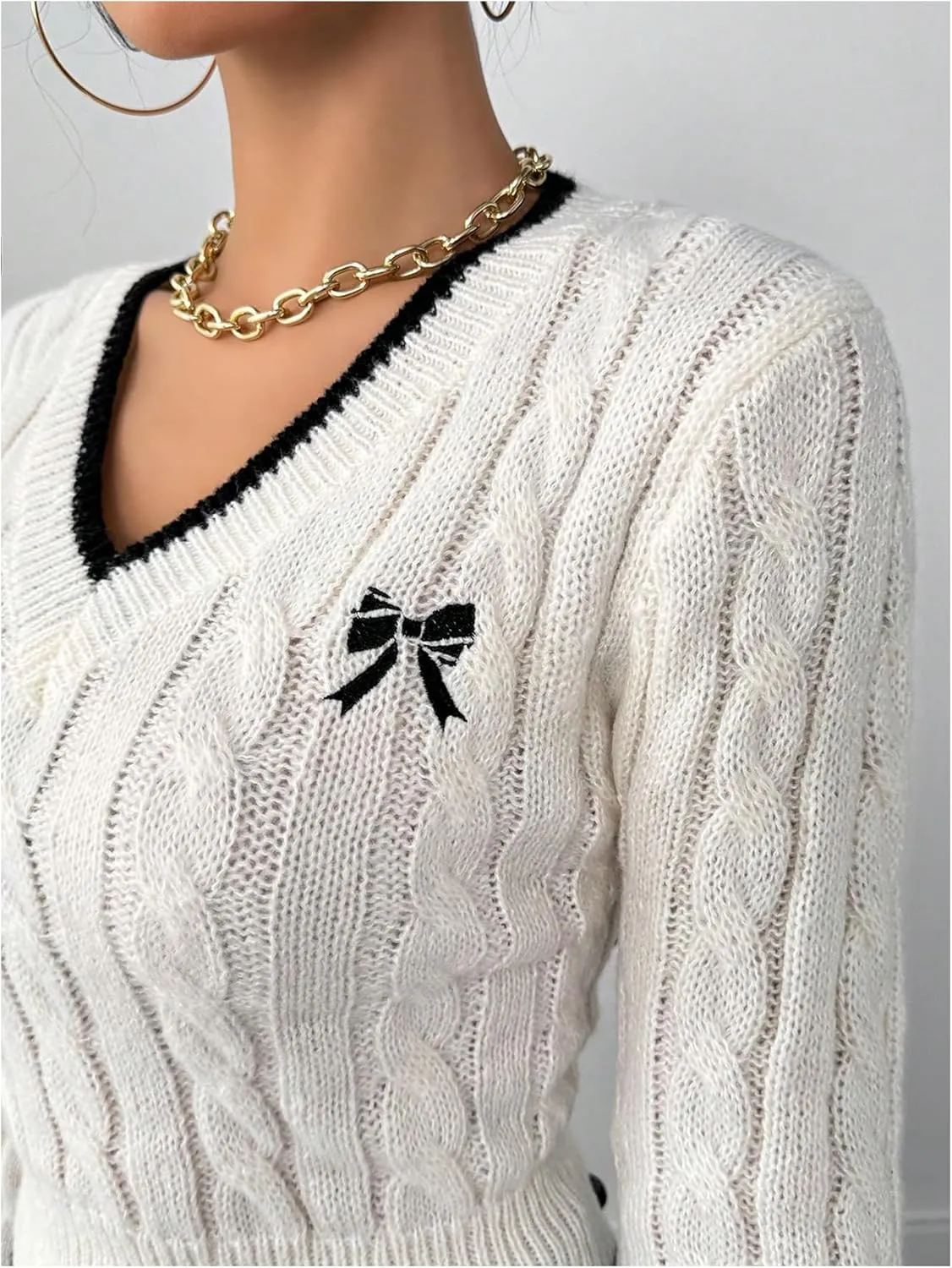 COZYEASE Women's Bowknot V Neck Crop Sweaters Cable Knit Long Sleeve Knit Tops Fitted Preppy Pullovers