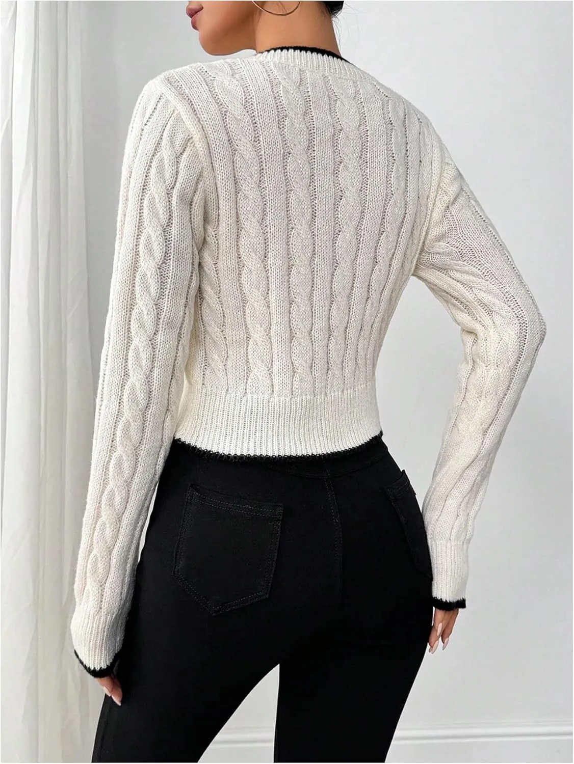 COZYEASE Women's Bowknot V Neck Crop Sweaters Cable Knit Long Sleeve Knit Tops Fitted Preppy Pullovers
