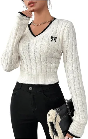 COZYEASE Women's Bowknot V Neck Crop Sweaters Cable Knit Long Sleeve Knit Tops Fitted Preppy Pullovers