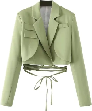 Cropped Blazer for Women Wrap Tie Long Sleeve Casual Suit Jacket Trendy Fashion Lightweight Fall Blazer for Women