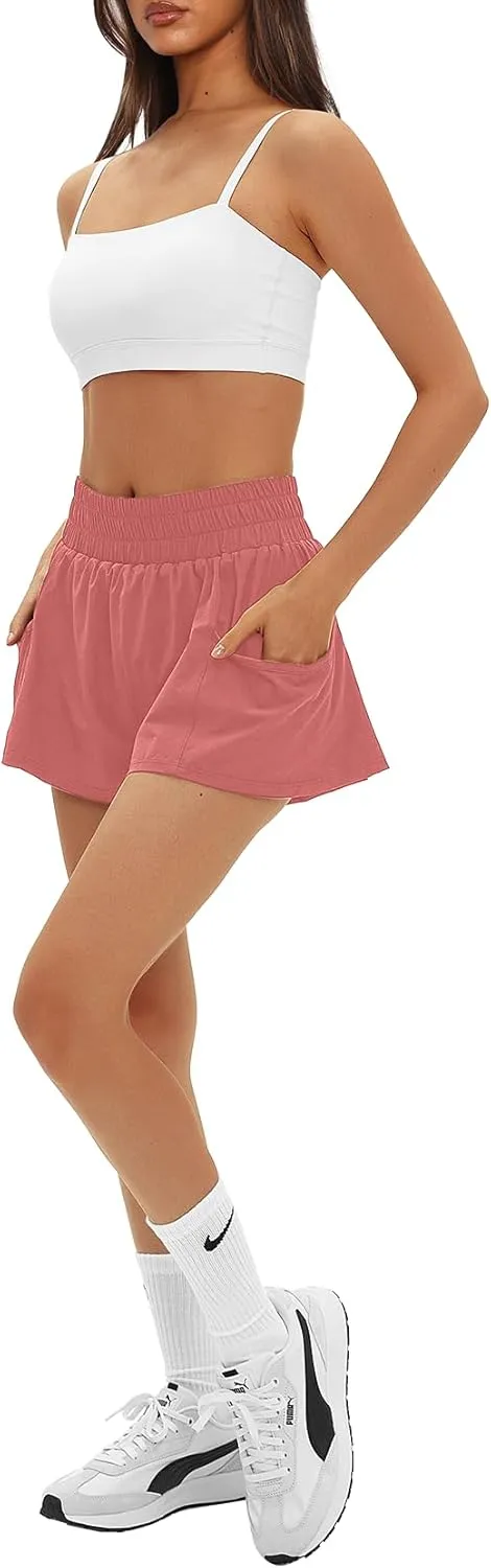 Daron Women's Athletic Shorts High Waisted Running Shorts Sporty Short Gym Elastic Workout Shorts with Side Pockets