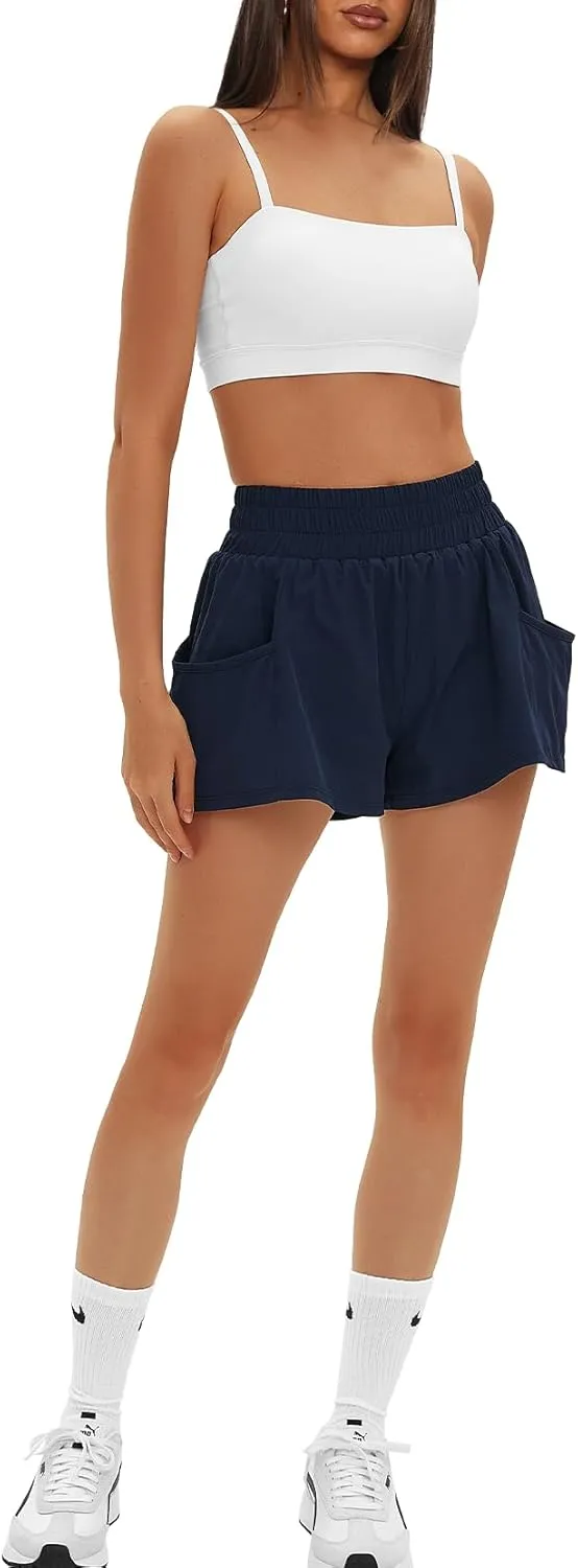 Daron Women's Athletic Shorts High Waisted Running Shorts Sporty Short Gym Elastic Workout Shorts with Side Pockets