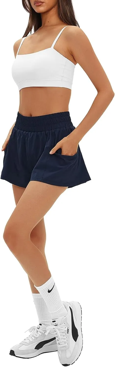 Daron Women's Athletic Shorts High Waisted Running Shorts Sporty Short Gym Elastic Workout Shorts with Side Pockets
