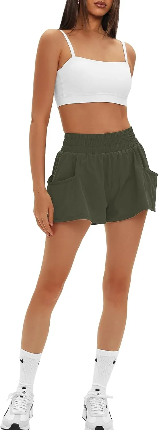 Daron Women's Athletic Shorts High Waisted Running Shorts Sporty Short Gym Elastic Workout Shorts with Side Pockets