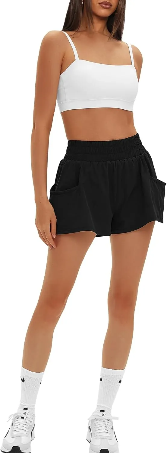Daron Women's Athletic Shorts High Waisted Running Shorts Sporty Short Gym Elastic Workout Shorts with Side Pockets