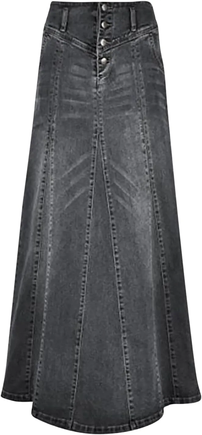 Denim Skirts for Women High Waisted Vintage Button Front A-Line Maxi Length Skirt with Raw Hem and Stretch Fabric