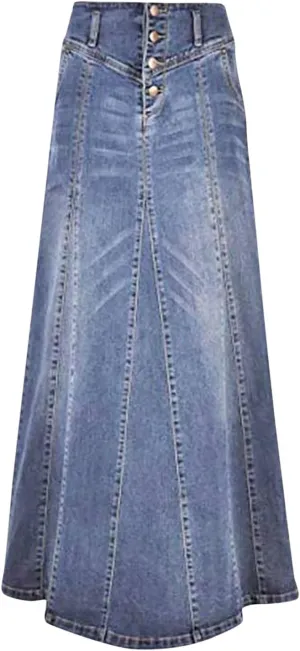 Denim Skirts for Women High Waisted Vintage Button Front A-Line Maxi Length Skirt with Raw Hem and Stretch Fabric