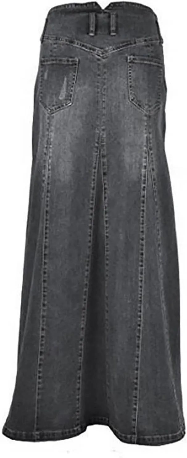 Denim Skirts for Women High Waisted Vintage Button Front A-Line Maxi Length Skirt with Raw Hem and Stretch Fabric