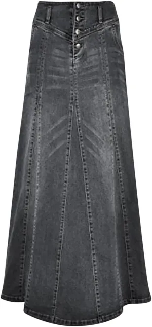 Denim Skirts for Women High Waisted Vintage Button Front A-Line Maxi Length Skirt with Raw Hem and Stretch Fabric