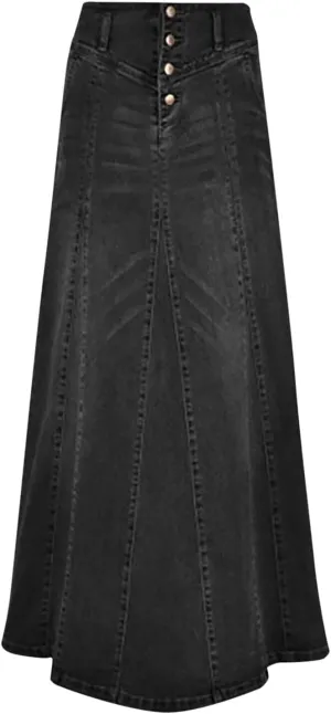 Denim Skirts for Women High Waisted Vintage Button Front A-Line Maxi Length Skirt with Raw Hem and Stretch Fabric