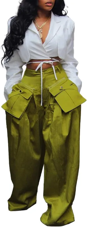 DINGANG High Waisted Wide Leg Cargo Pants Women Flowy Casual Pants with Zippers Pockets