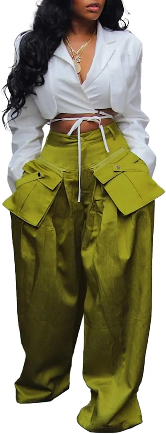 DINGANG High Waisted Wide Leg Cargo Pants Women Flowy Casual Pants with Zippers Pockets