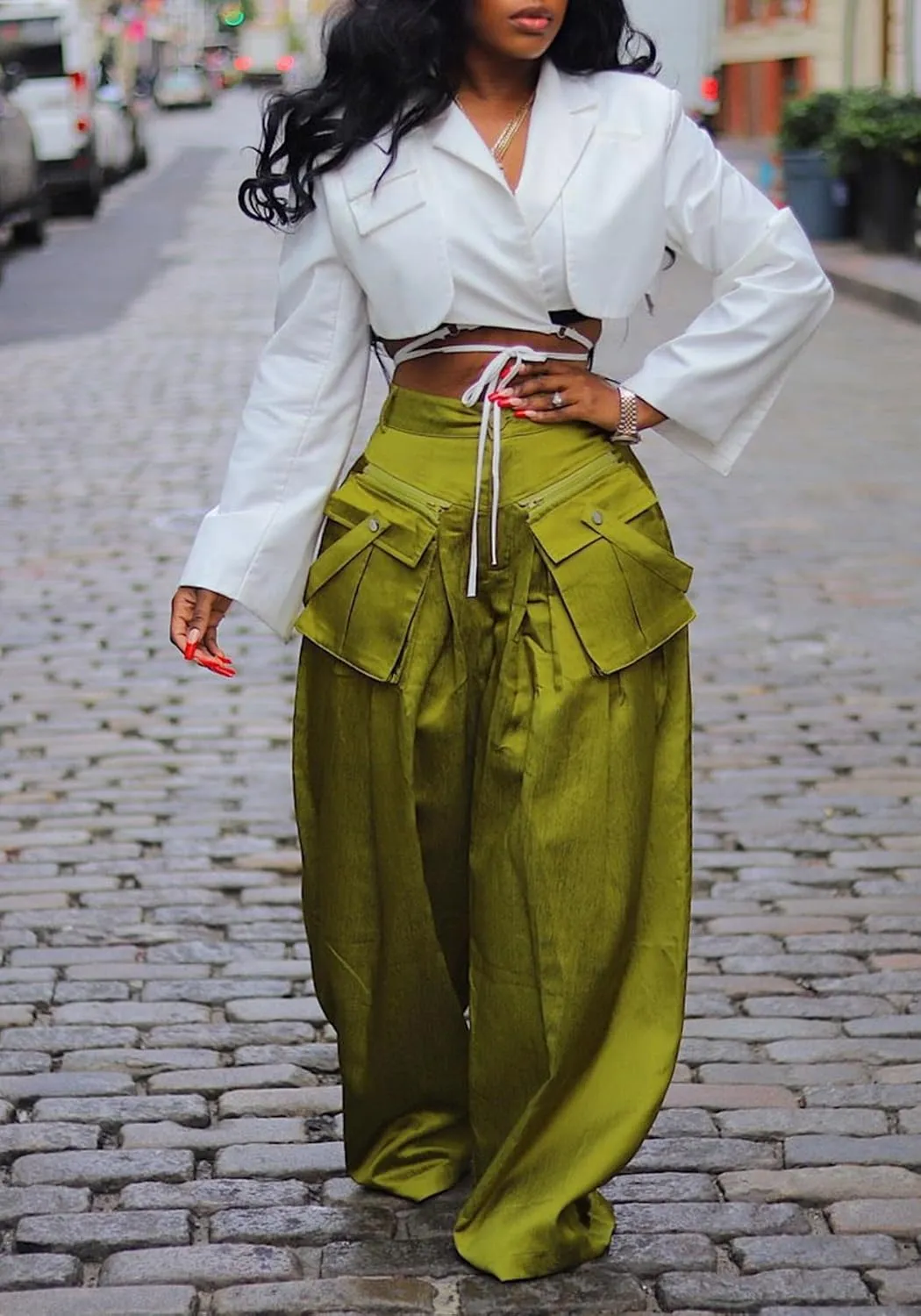 DINGANG High Waisted Wide Leg Cargo Pants Women Flowy Casual Pants with Zippers Pockets