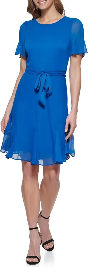 DKNY womens Double Ruffle Sleeve Fit and Flare Dress