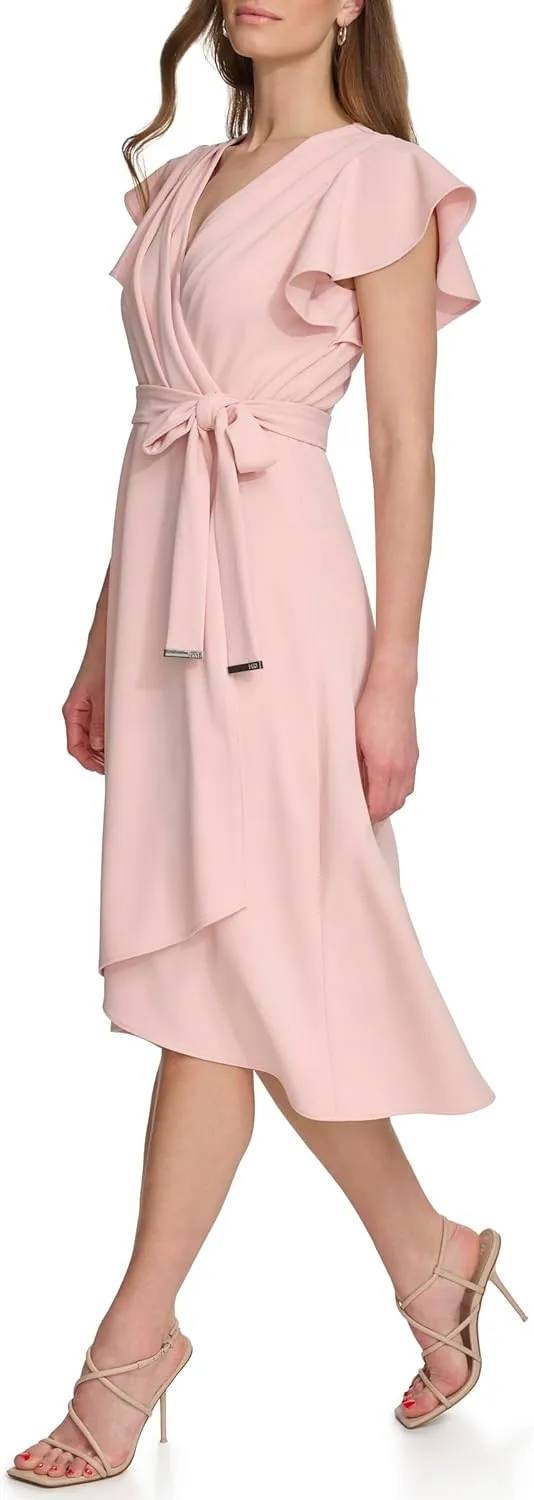 DKNY womens Flutter Sleeve Fit and Flare Midi Dress