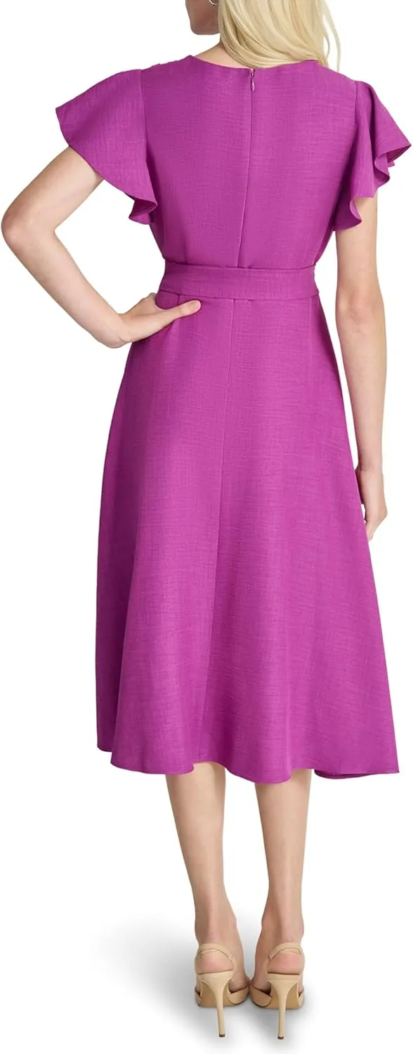 DKNY womens Flutter Sleeve Fit and Flare Midi Dress