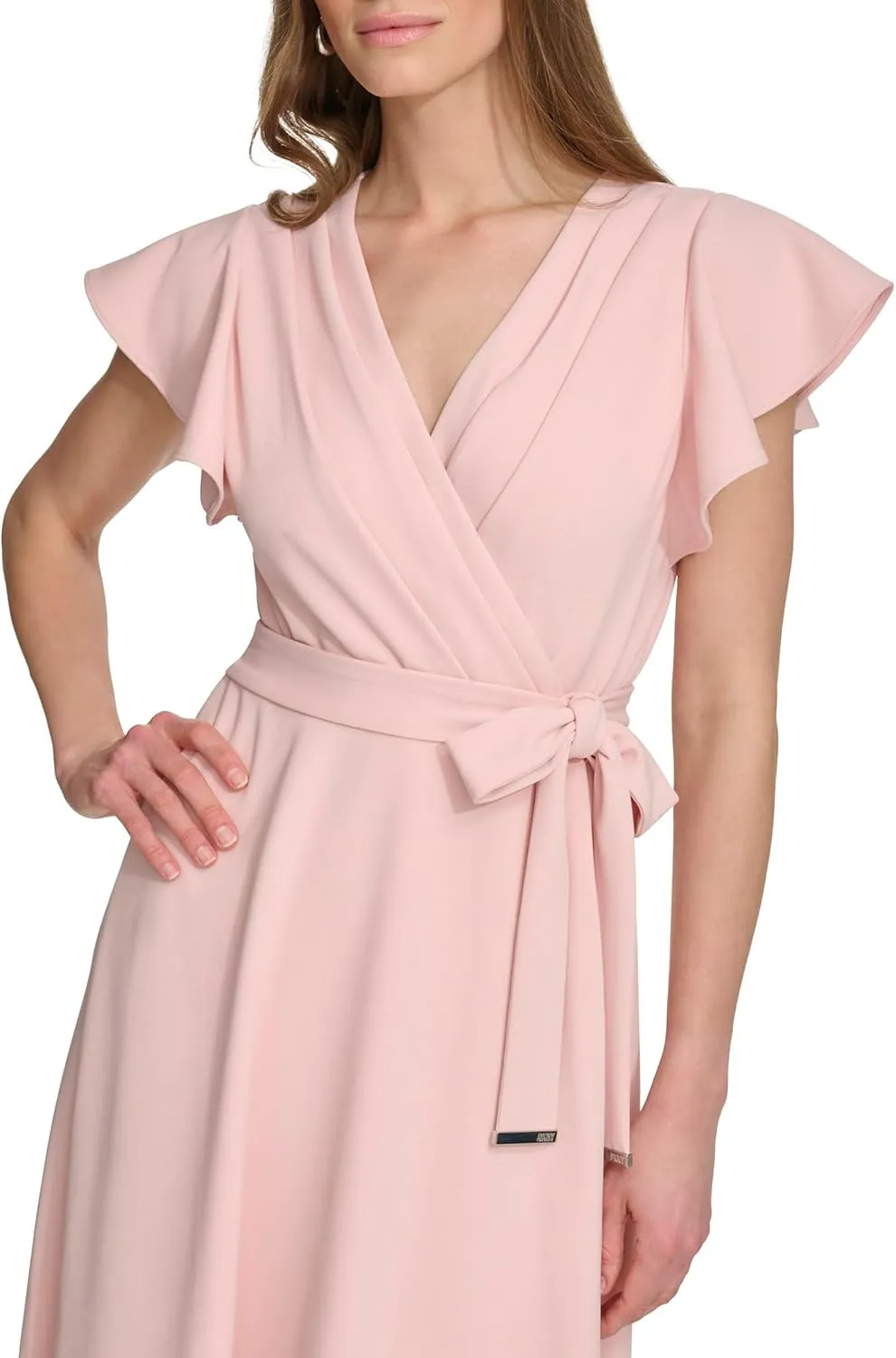 DKNY womens Flutter Sleeve Fit and Flare Midi Dress
