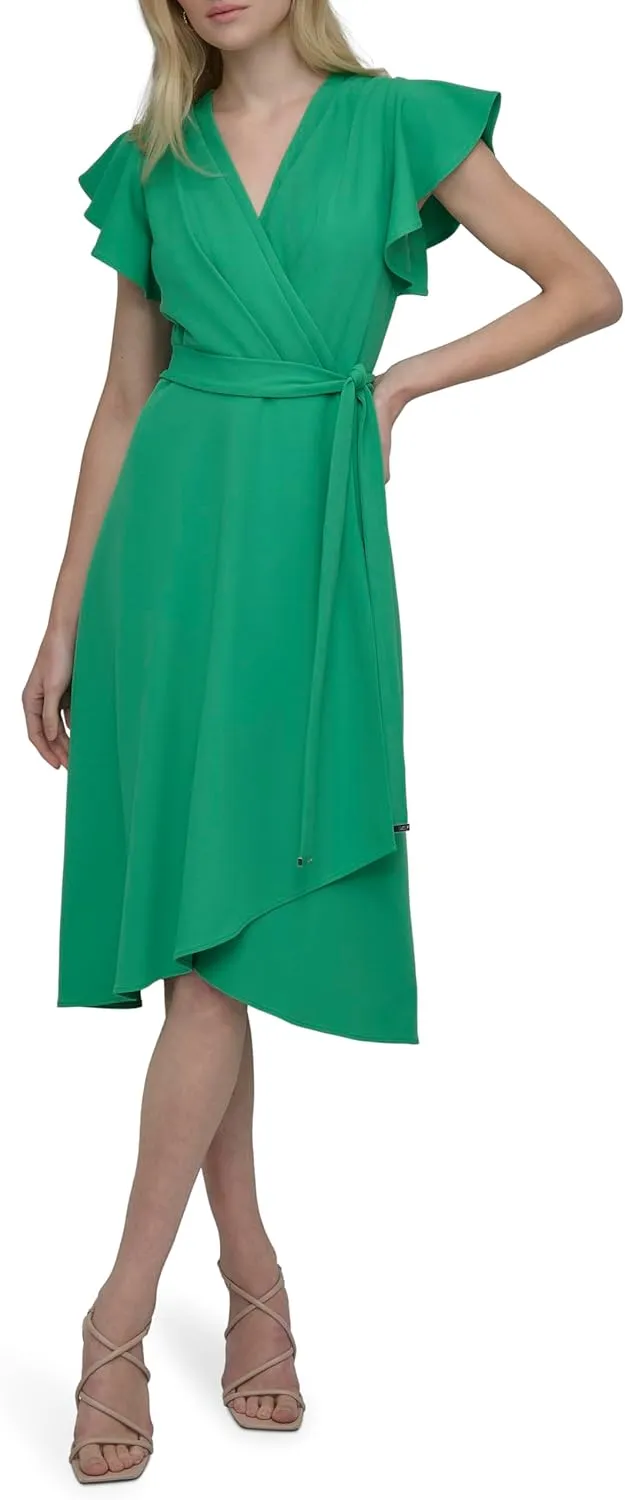 DKNY womens Flutter Sleeve Fit and Flare Midi Dress