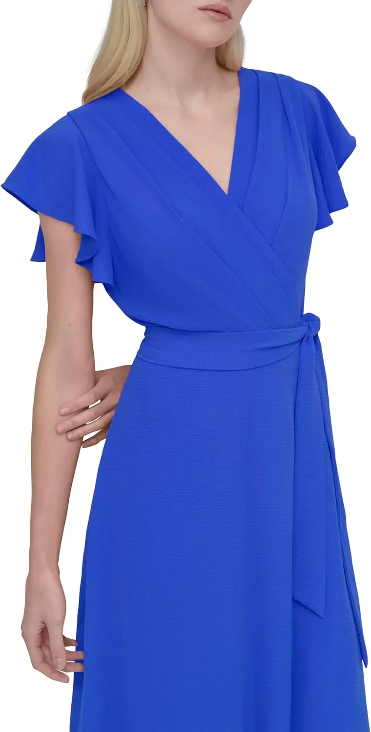 DKNY womens Flutter Sleeve Fit and Flare Midi Dress