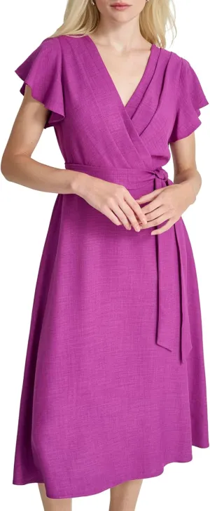 DKNY womens Flutter Sleeve Fit and Flare Midi Dress