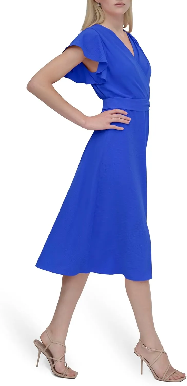 DKNY womens Flutter Sleeve Fit and Flare Midi Dress