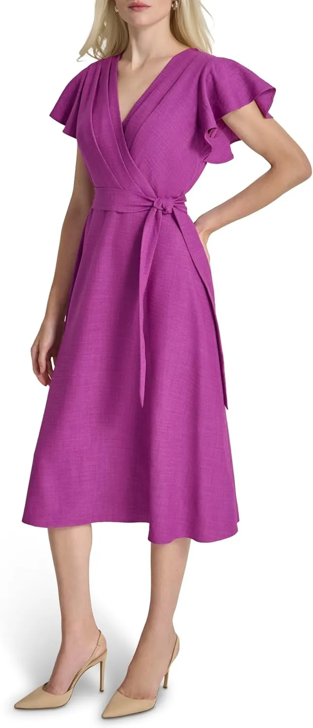 DKNY womens Flutter Sleeve Fit and Flare Midi Dress