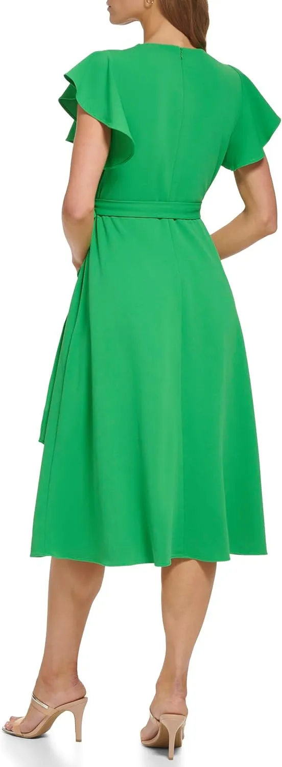 DKNY womens Flutter Sleeve Fit and Flare Midi Dress