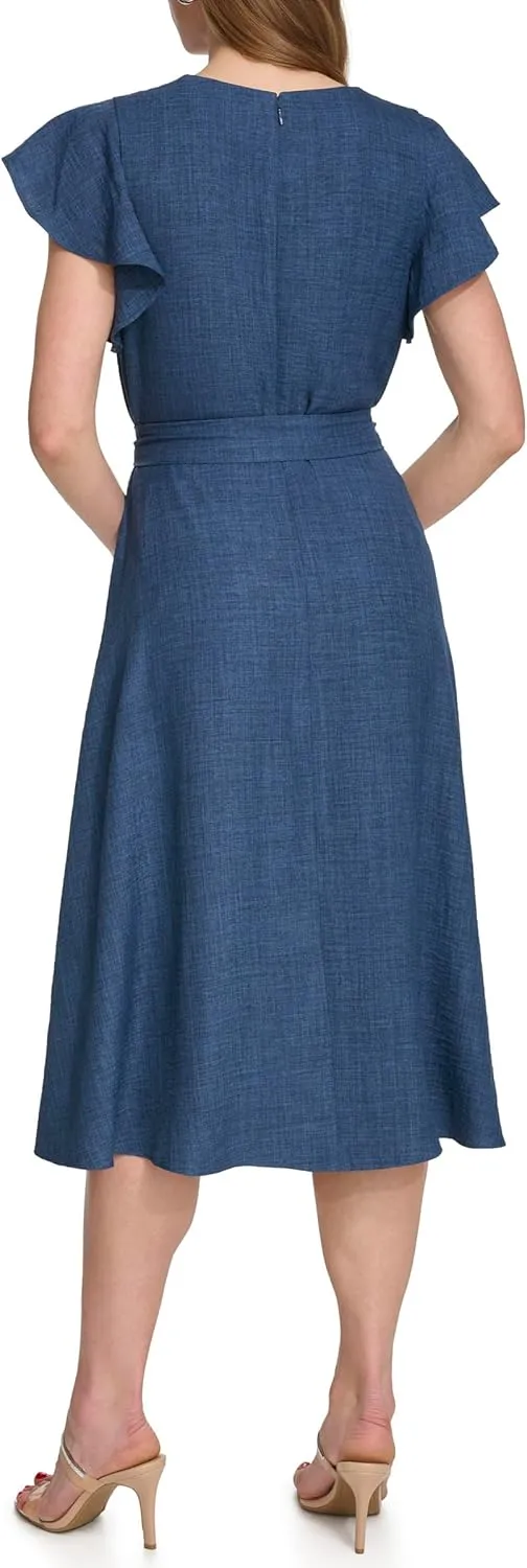DKNY womens Flutter Sleeve Fit and Flare Midi Dress