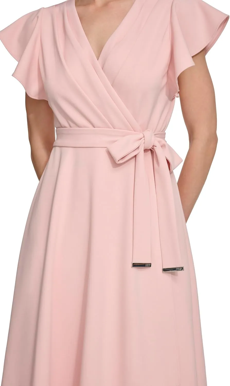 DKNY womens Flutter Sleeve Fit and Flare Midi Dress