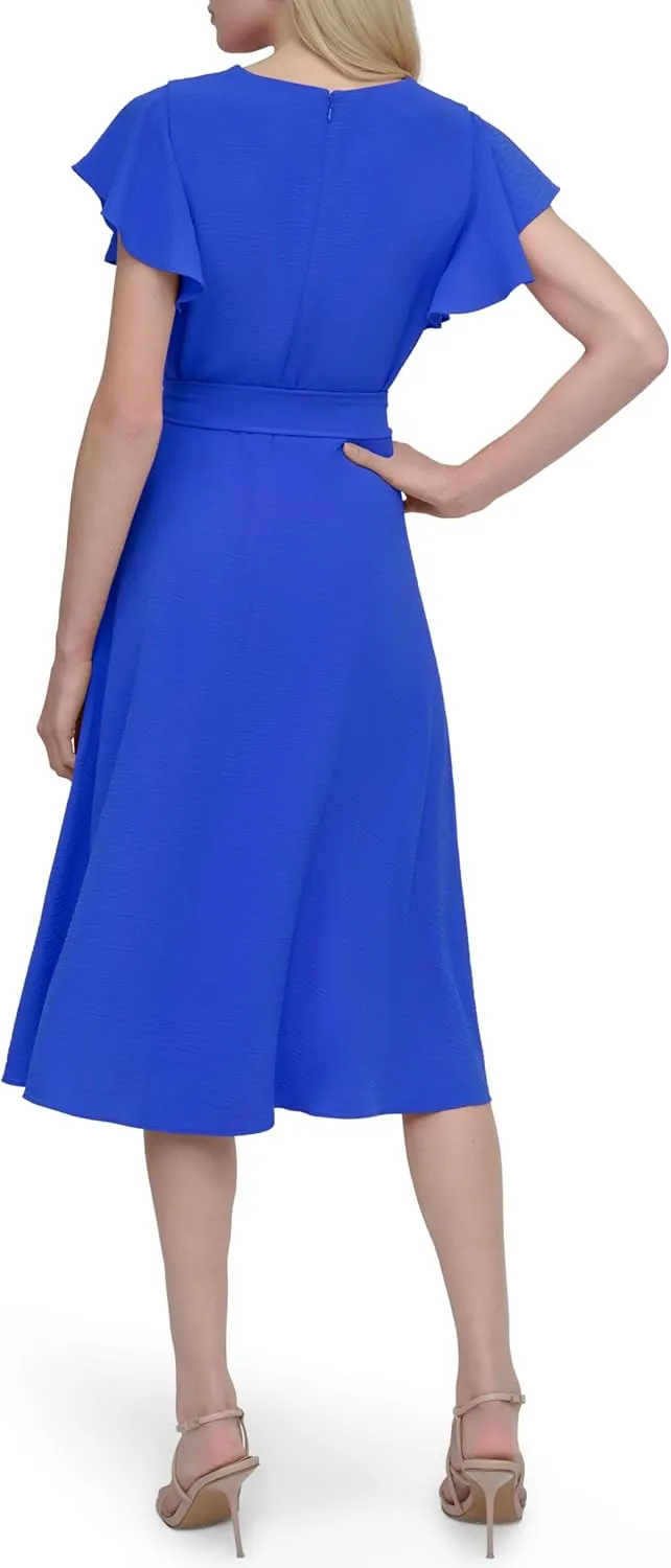 DKNY womens Flutter Sleeve Fit and Flare Midi Dress