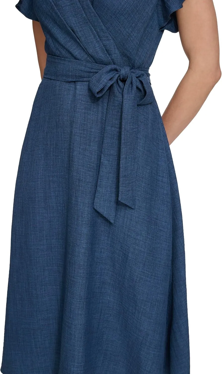 DKNY womens Flutter Sleeve Fit and Flare Midi Dress