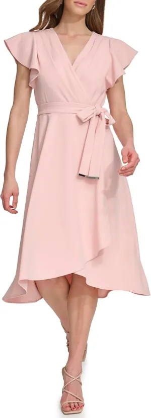 DKNY womens Flutter Sleeve Fit and Flare Midi Dress