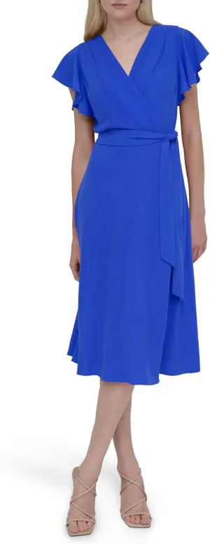 DKNY womens Flutter Sleeve Fit and Flare Midi Dress
