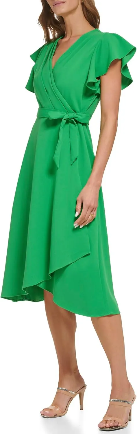 DKNY womens Flutter Sleeve Fit and Flare Midi Dress