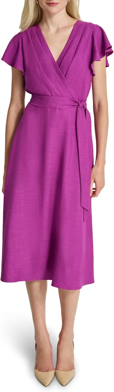 DKNY womens Flutter Sleeve Fit and Flare Midi Dress