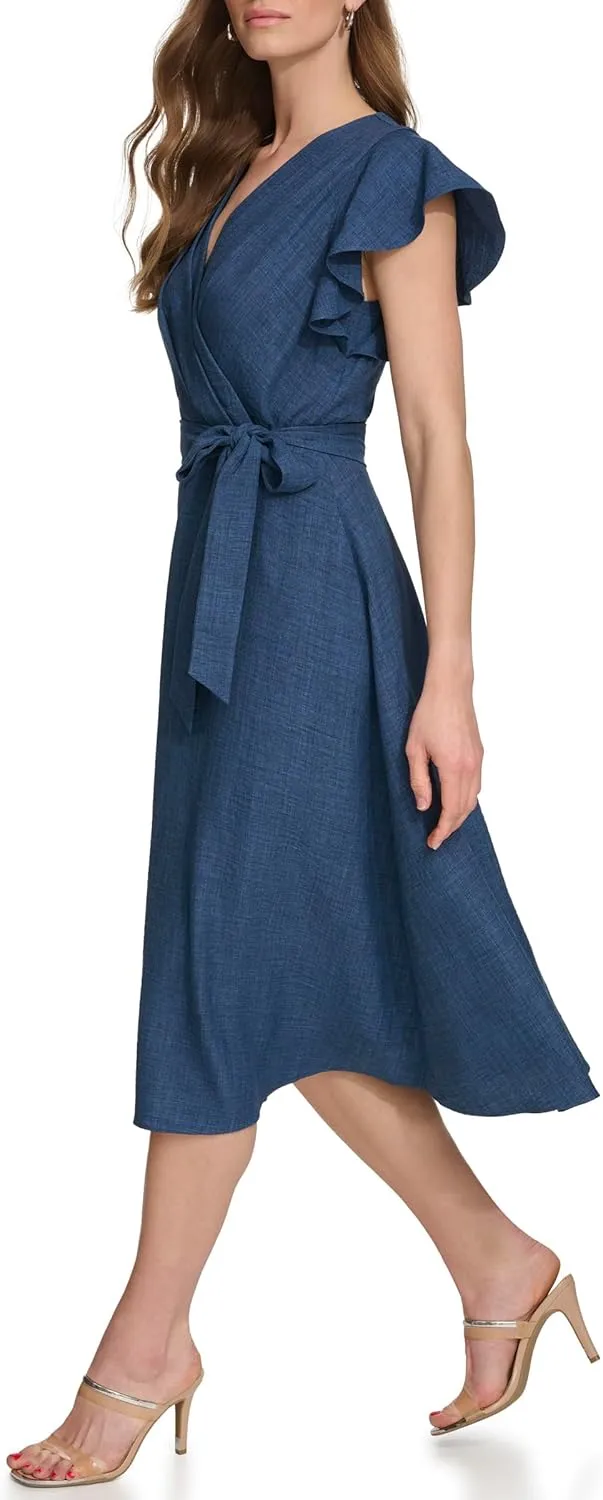 DKNY womens Flutter Sleeve Fit and Flare Midi Dress