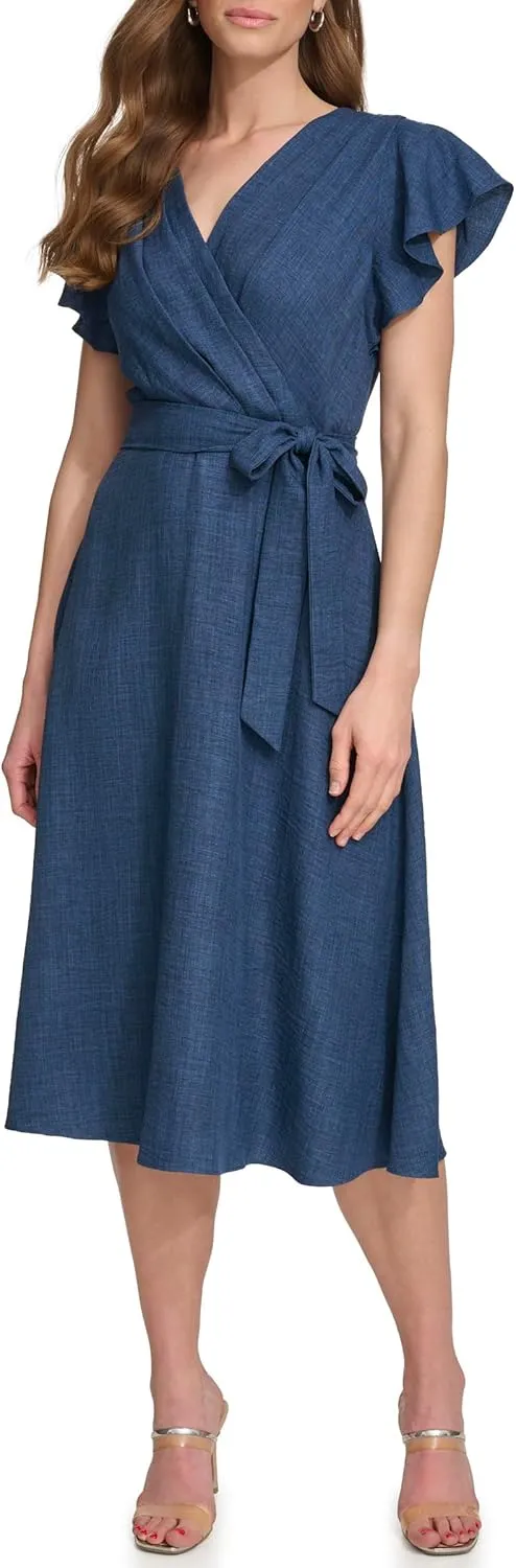DKNY womens Flutter Sleeve Fit and Flare Midi Dress