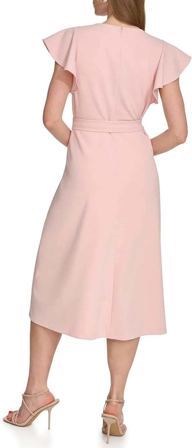 DKNY womens Flutter Sleeve Fit and Flare Midi Dress