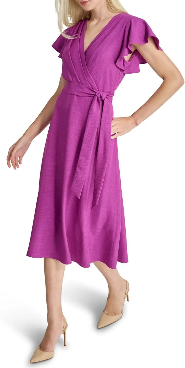 DKNY womens Flutter Sleeve Fit and Flare Midi Dress